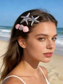 2pcs Women Fashionable Cute Starfish & Shell Design Hair Clips, Casual Beach Accessories For Daily Wear (Product Image For Reference Only) - View 7