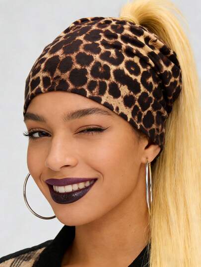 1Pc Women Leopard Print Beanie Hat, Fashion Elastic Wide Brim Cap & Neck Warmer ,Spring Autumn Winter Headwear, Fashion Streetwear Accessory For Women,Perfect For Daily/Street Appointment Style