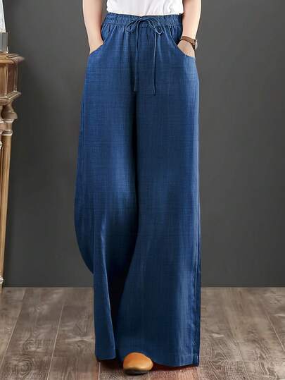 1 pieza Pantalones de mujer con bolsillo con cordón de tela tejida de unicolor, adecuados para citas, vacaciones, uso diario, fiestas de cumpleaños, fiestas de solteros, fiestas escolares, efecto de tela vaquera y ligera para primavera