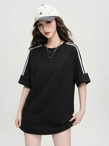2026新款JUTU春夏黑白圆领侧条纹撞色女式运动休闲T恤，个性年轻风短袖上衣 - 2A27黑拼白 - 查看 6