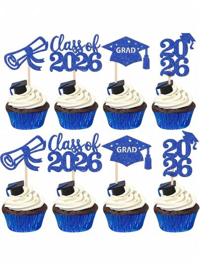12pcs/Pack Blue Glitter Graduation Cake Toppers, Graduation Party Decorations, Blue Glitter Graduation Cap & Diploma Shaped Cake Picks, Happy Graduation Cake Decor Accessories