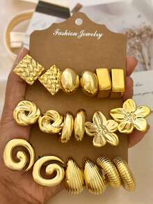 9 Pairs European And American Style Metal Texture CCB Material Geometric Square Flower Spiral Stud Earrings, Versatile For Women - Gold - View 6