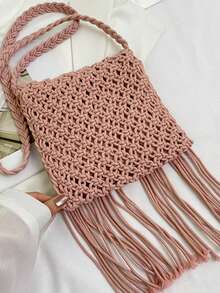 Tassel Woven Bag, Hollow Out Crossbody Bag, Personalized Shoulder Bag With Vacation Vibe - Pink - View 3