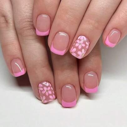 24pcs European Square Short False Nails, Pink Floral Glitter Sweet Square Wearable Press-On Nails, Suitable For Party, Ball And Daily Wear