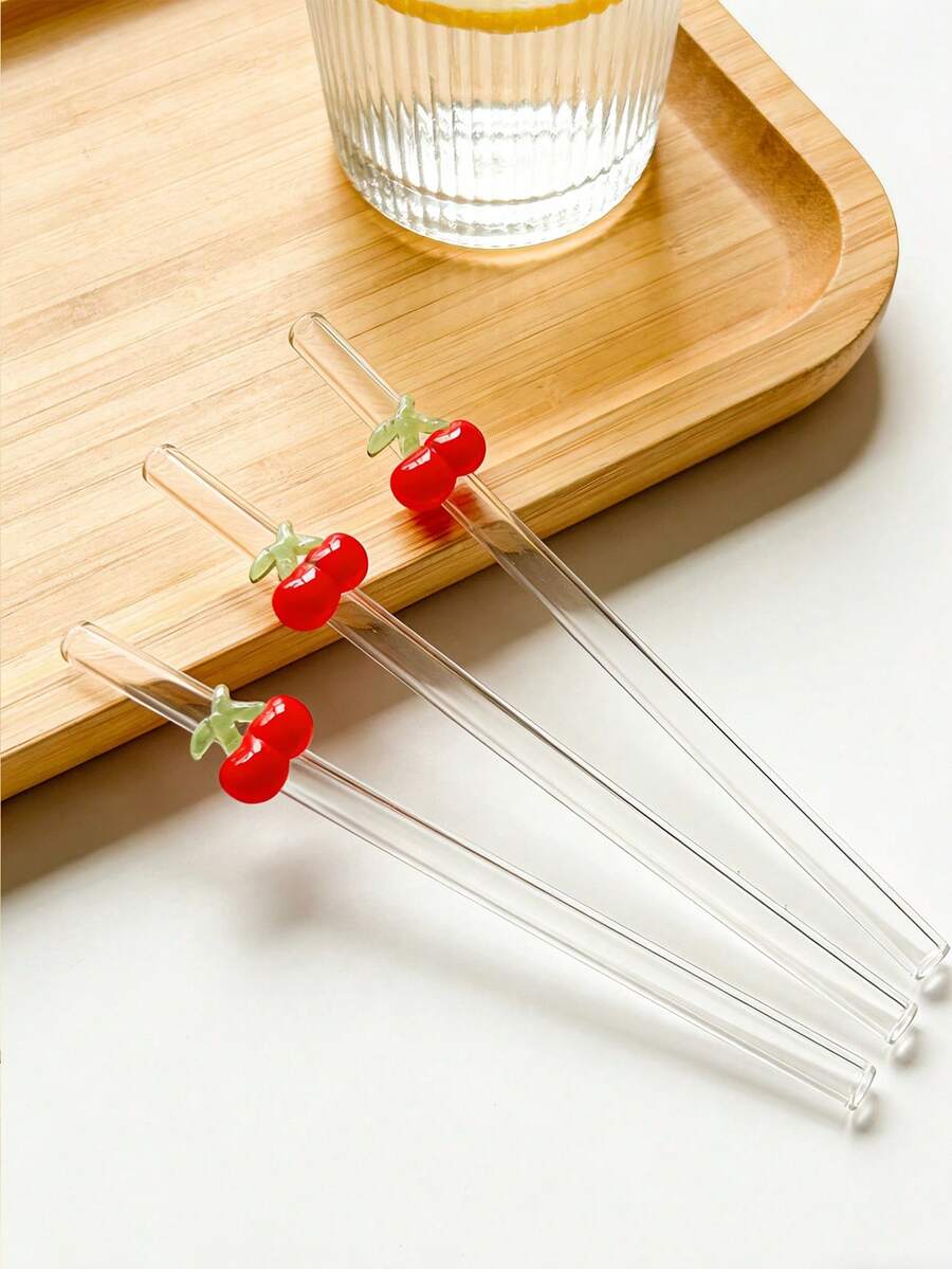1/2/5pcs Reusable Glass Straws With Cherry Decoration, Cute Cartoon Bent Transparent Glass Drinking Straws Tableware Set, Suitable For Kitchen Accessories, Water Cups, Straw Tops, Smoothies, Bubble Tea, Juices, Cocktails, Cold Drinks, Ideal For Back To School, Hen Party, Wedding, Travel, Fun Gift For Girlfriend/Boyfriend, Graduation, Party, Easter
