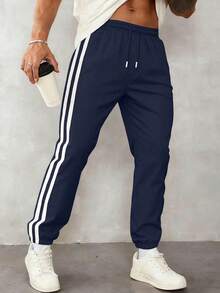 1pc Men's Casual Sports Pants, Loose Fit Lightweight Breathable Trousers For Running, Outdoor, Hiking, Jogging, Fitness Training, Summer Beach, Commuting, Fashionable Striped Cropped Pants Spring - Royal Blue - View 2