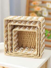 1pc Handwoven Storage Basket, Multipurpose Desktop Organizer Box, Living Room Storage Bin, Can Store Snacks, Toys, Keys And Small Items, Bohemian Geometric Woven Basket, Wooden Rattan Planter Stand, Mixed Natural Rope Decor, Creates Coastal Ambiance. - square - View 11
