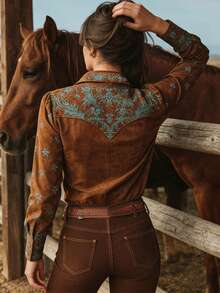 Women's Retro Western Blue Floral Pattern Shirt, Vintage Western Boho Style Blouse, Casual Fashion Top For Women, Spring/Summer Vacation - 棕色 - 查看 2