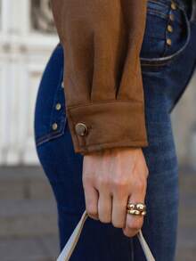 Faux Suede Bomber Jacket With Front Pockets - Coffee Brown - View 4
