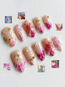 30片夏季海滩风杏仁形假指甲，粉色花朵、海星和贝壳图案，一次性美甲贴纸，适合女士和女孩度假使用 - 玫紅色 - 查看 7