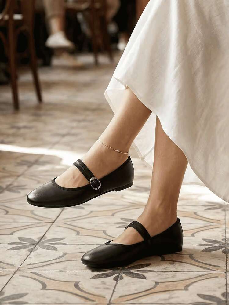 女士优雅黑色芭蕾舞鞋，春夏新款，搭扣设计，舒适柔软轻便，适合日常通勤 - 黑色 - 查看 4