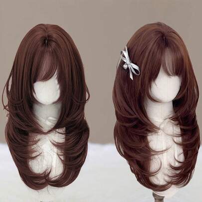 Tóc giả dài 26 inch màu nâu thẳng, tỉa lớp, có mái, chất liệu sợi tổng hợp chịu nhiệt, thích hợp cho nữ, dùng hàng ngày, dự tiệc, cosplay.