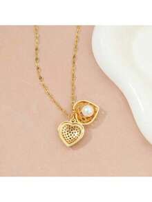 1pc Gold Double-Layer Heart Rhinestone Faux Pearl Necklace, Personalized Faux Pearl Tassel Heart Choker Necklace, Elegant Fashion Bridal Necklace, Versatile For Wedding, Date, Party, Birthday, Women Jewelry Gift - Gold - View 4