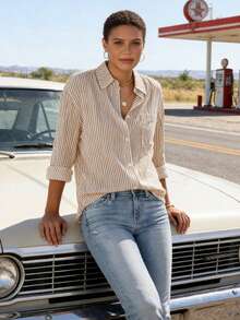 Women's Striped Long-Sleeved Shirt - Màu Khaki - Xem 5