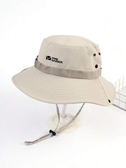 1pc Men's Minimalist Solid Color Embroidered Pattern Fisherman Hat, Breathable Mesh Outdoor Casual Sun Protection Hiking Cap With Adjustable Drawstring (Suitable For Outdoor Sports)