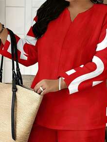 Plus Size Notched Neck Three Quarter Sleeve Top & Wide Leg Pants Two Piece Set For Women, Red Abstract Geometric Print, Loose Breathable Outfit, Comfortable Versatile For Spring Summer Travel & Home Wear - 彩色 - 查看 6