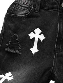 Boys' Casual Elastic Waist Embroidered Jeans, All Season - Black - View 7