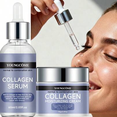 YOUNGCOME Crema hidratante y suero de colágeno para el rostro, crema de colágeno reafirmante diaria para el rostro y el cuello, loción facial con ácido hialurónico y retinol-péptidos, para una piel visiblemente tersa, 60ml/70g