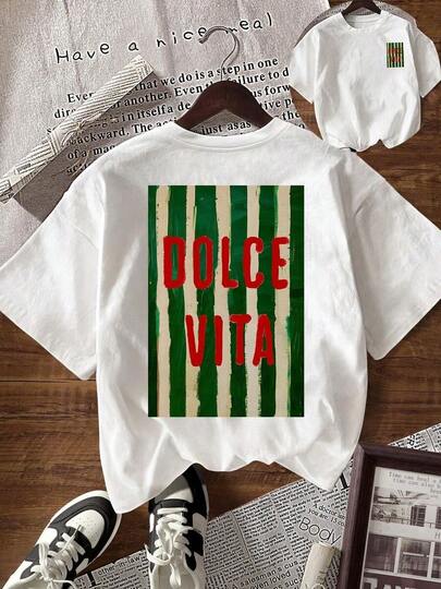 Camiseta Blanca Holgada de Manga Corta  con Estampado de Letras y Rayas, Estilo Casual para Uso Diario y Viajes, para Mujer, Verano