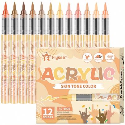 12/24/36/48 色丙烯颜料马克笔套装，笔尖为毛笔头，肤色系，适用于在岩石、石头、玻璃、金属、织物、陶瓷、画布、塑料、纸板、陶器、鞋子、衬衫等多种材质上作画。