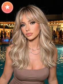 Brown Ombre Chic 20inch Long Water Wave Synthetic Wig With Bangs - Heat Resistant, Natural Look For Women & Men - Perfect For Daily Wear & Halloween Parties - 漸層 - 查看 1