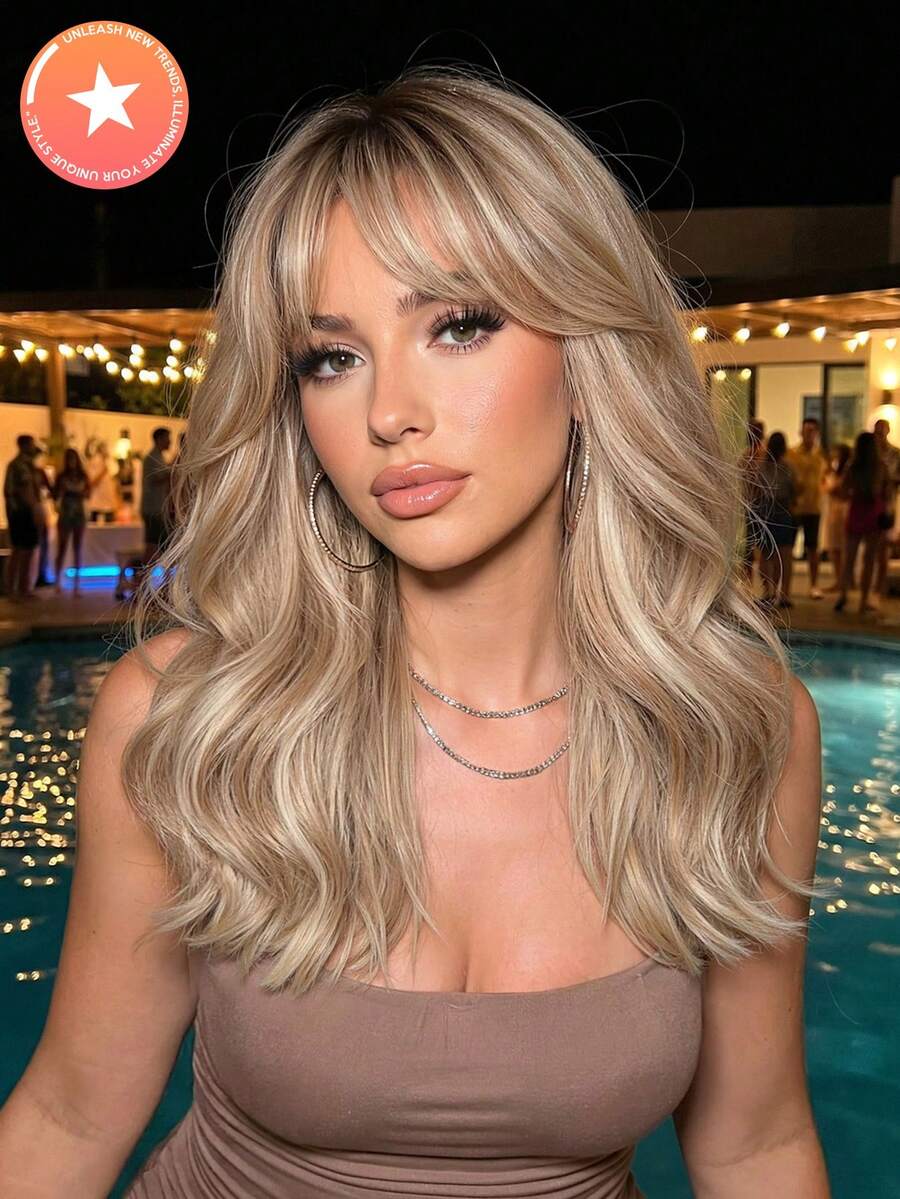 Brown Ombre Chic 20inch Long Water Wave Synthetic Wig With Bangs - Heat Resistant, Natural Look For Women & Men - Perfect For Daily Wear & Halloween Parties - 漸層 - 查看 1