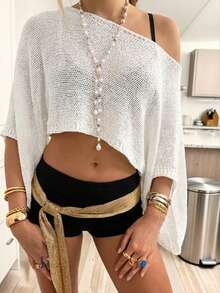 Top Cropped Sexy e Vazado Feminino - Decote Assimétrico em Malha Transparente, Cobertura Casual Adequada para Férias e Uso Diário na Praia - Branco - Visão 2