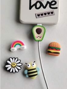5pcs Cartoon Flower, Bee, Avocado Charging Cable Protector Compatible With IPhone, Android, Data Cable, USB, Bluetooth Earphone Charging Line Anti-Breaking Cover - Multicolor - View 6