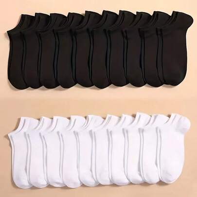 10 đôi tất cổ ngắn và tất cao cổ chống mùi hôi, tất cotton thường ngày cho học sinh, màu đen trắng, mùa hè