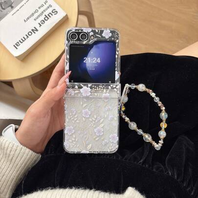 Transparent Purple Flower Folding Phone Case With Chain, Suitable For Samsung Galaxy Z Flip3 5G/Galaxy Z Flip 4 5G/Galaxy Z Flip 5 5G/Galaxy Z Flip 6 5G/Galaxy Z Flip 7 5G, Girly Folding Phone Cover
