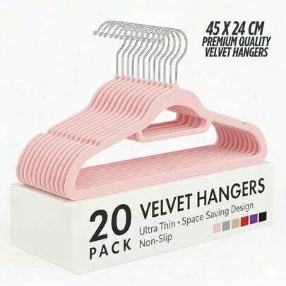 20Pcs Velvet Hangers - Premium Non-Slip Space Saving Clothes Hangers With Tie Bar, Notched Shoulder, 360° Swivel Hook, Sturdy For Heavier Garments 45 X 24 Cm