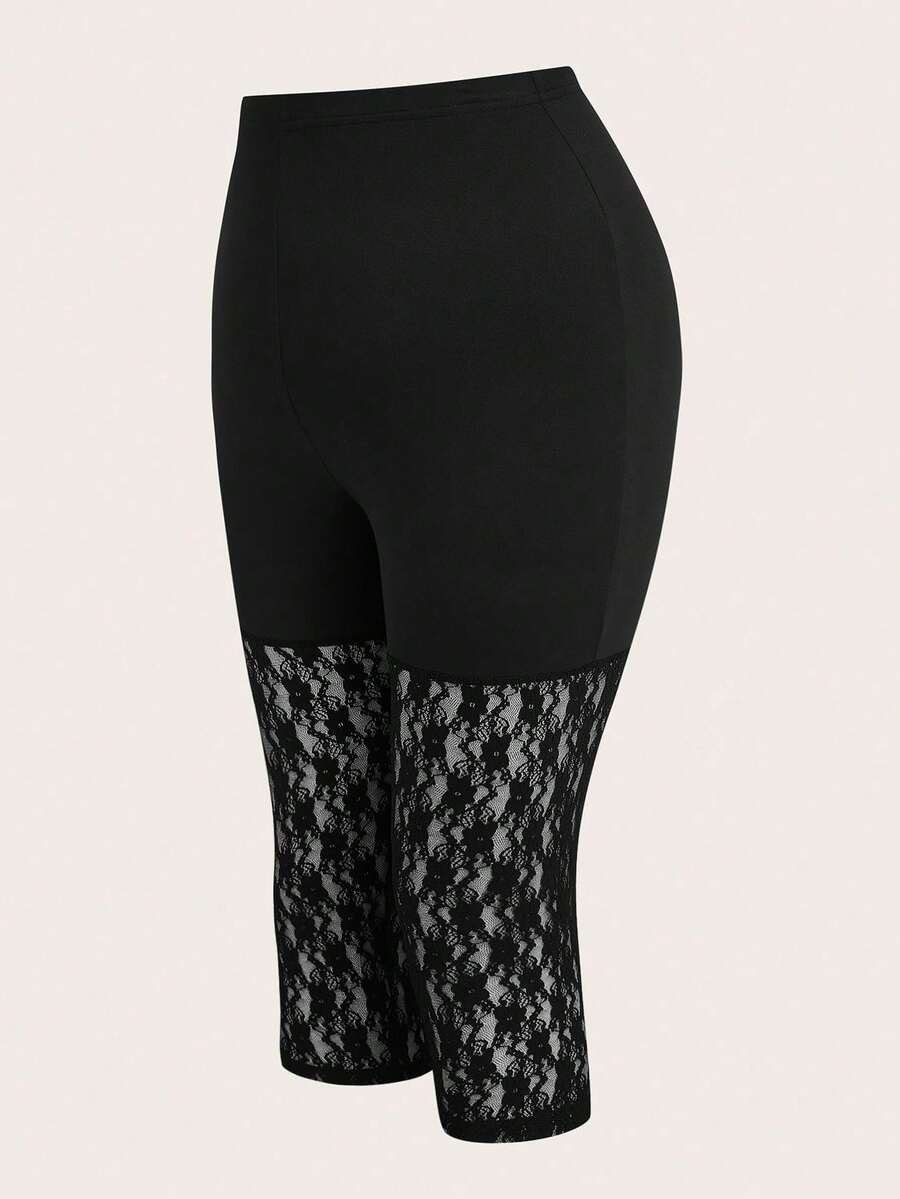 Plus Size Women Solid Color Lace Patchwork Leggings, Versatile Daily Wear Black Summer - Black - View 1