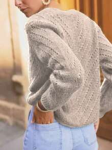 Solid Color Cardigan Long Sleeve Knit Sweater Jacket, Autumn/Winter - Oatmeal Ash - View 2