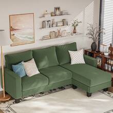L-Shaped Convertible Sectional Sofa 3 Seater With Corduroy Fabric, Complete With Mobile Footrest, For Living Room, Apartment And Office - 綠色 - 查看 8