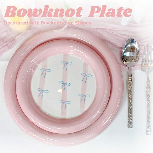 LECHENG HOUSEHOLD 2pcs Ceramic Dinnerware Set, Hand-Painted Striped And Blue Bow Pattern, Pink And Purple Rim, 10.4in & 7.87in Plates, 7.87in Bowl, Pasta Plate, Dessert Plate, Decorative Plate, Salad Bowl, Suitable For Wedding, Home Kitchen