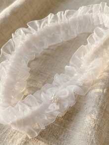 欧美白色蕾丝边腿套，新娘婚纱弹力大腿链，配珍珠花朵，性感 - 白色 - 查看 4