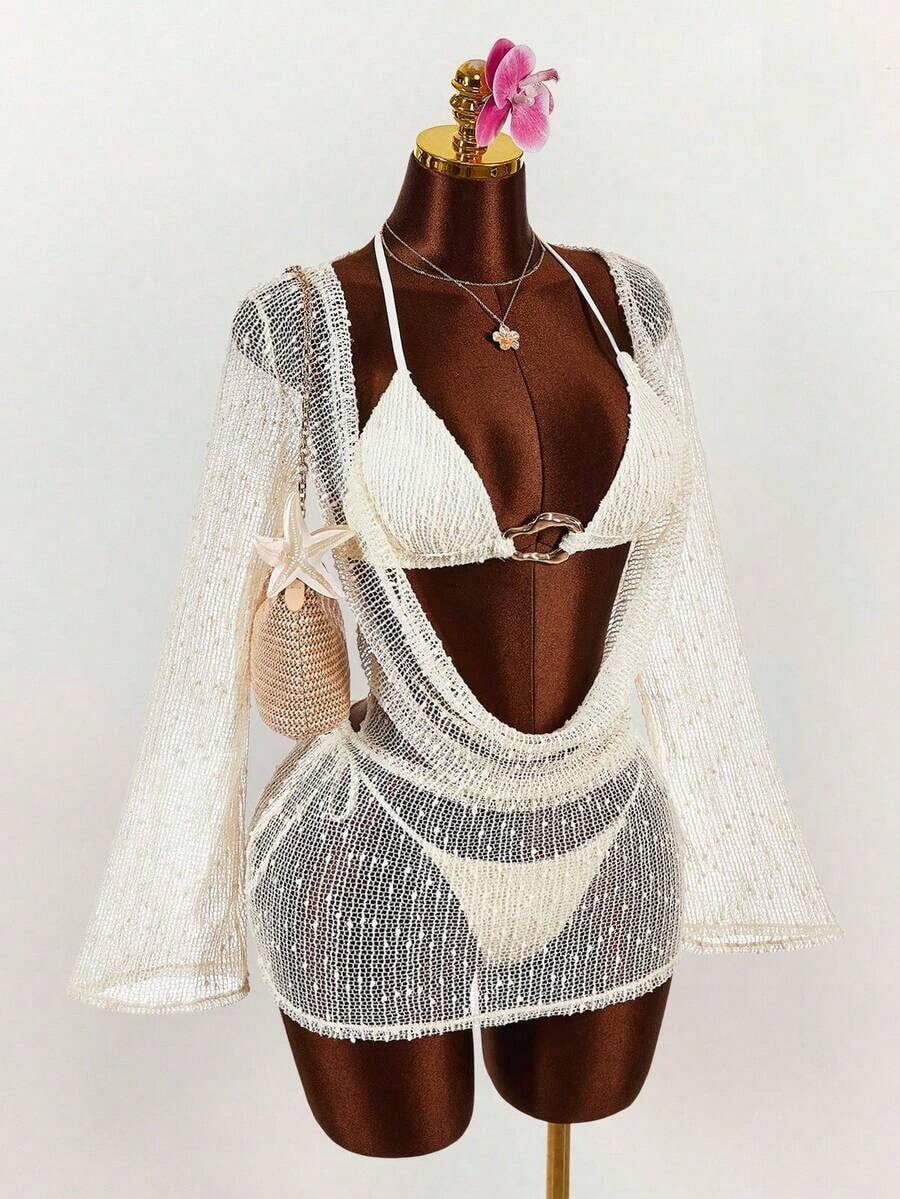 3pcs Women's Sexy Halter Bikini Set - Top, Bottom, And Cover-Up - 杏色 - 查看 1