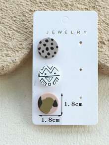 3 Pairs/1 Card Women's Dotted Abstract Symbol Print Ceramic Texture Cute Personalized Round Acrylic Earrings - Multicolor - View 7