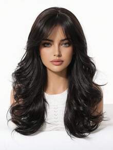 黑色棕色时尚20英寸长水波纹合成假发，带刘海 - 耐热，外观自然，男女皆宜 - 非常适合日常佩戴和万圣节派对 - 自然黑 - 查看 6
