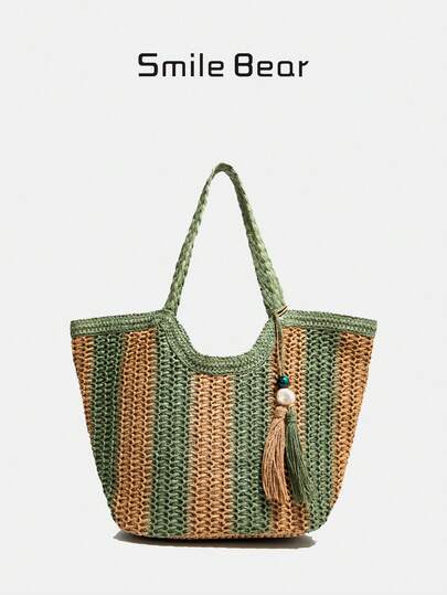 2026新款大容量草编包，女士休闲条纹单肩手提包，流苏装饰沙滩旅行包