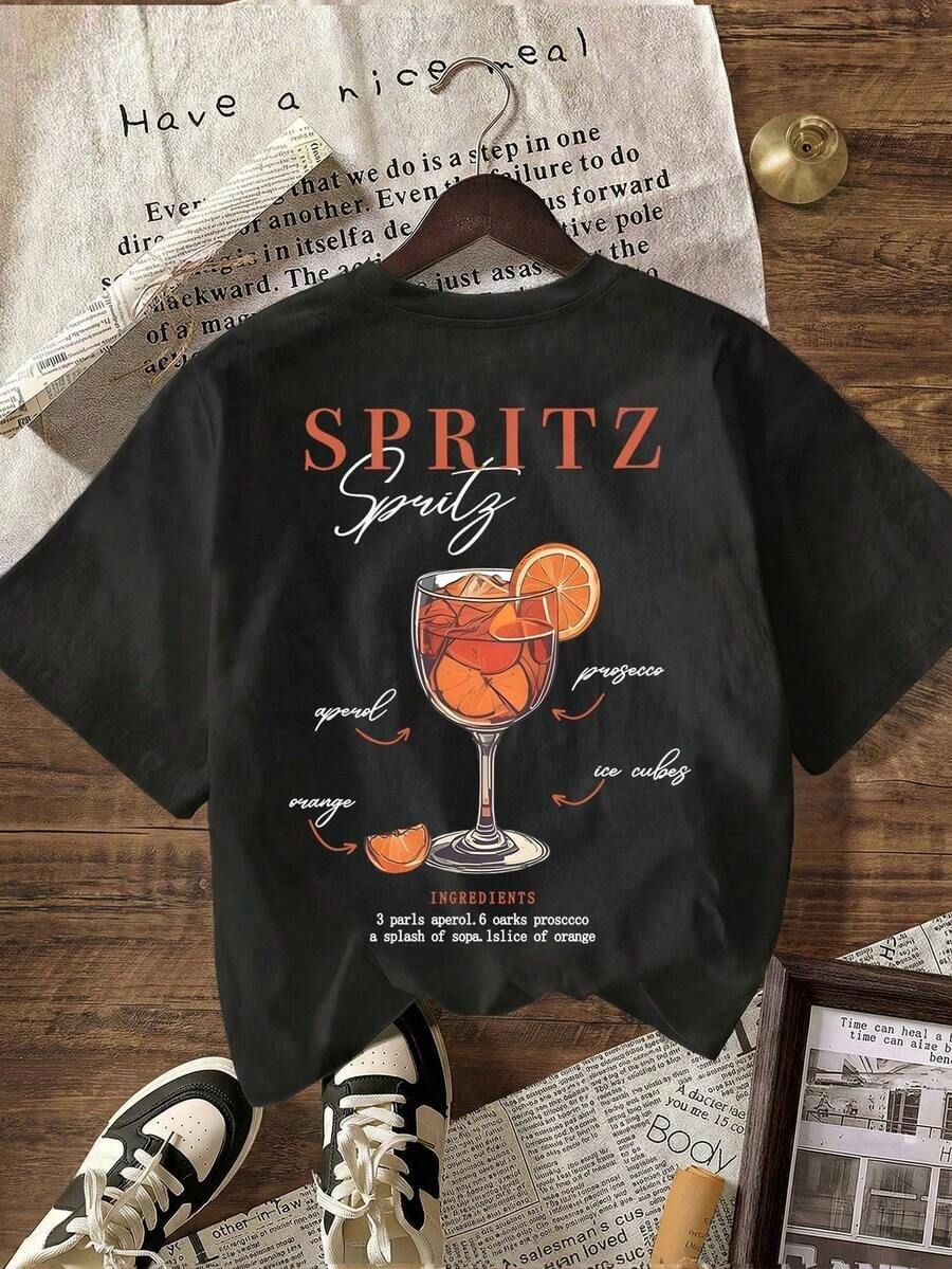 Aperol Spritz siempre es la respuesta Camiseta estética retro, Mujer Casual Cuello Redondo Manga Corta Camiseta Blanca - Negro - Ver 1