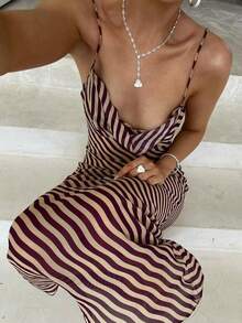 Ms. VIVINA's Summer Fashion: Seductive Beachwear With Waves And Patterns, See-Through Design, Fitted Silhouette With A Fish-Tail Hemline, Long Strap Dress. Women's Summer Dresses, Women's Beach Dresses, Women's Elegant Dresses, Women's Beach Vacation Outfits. Party - Purple - View 5