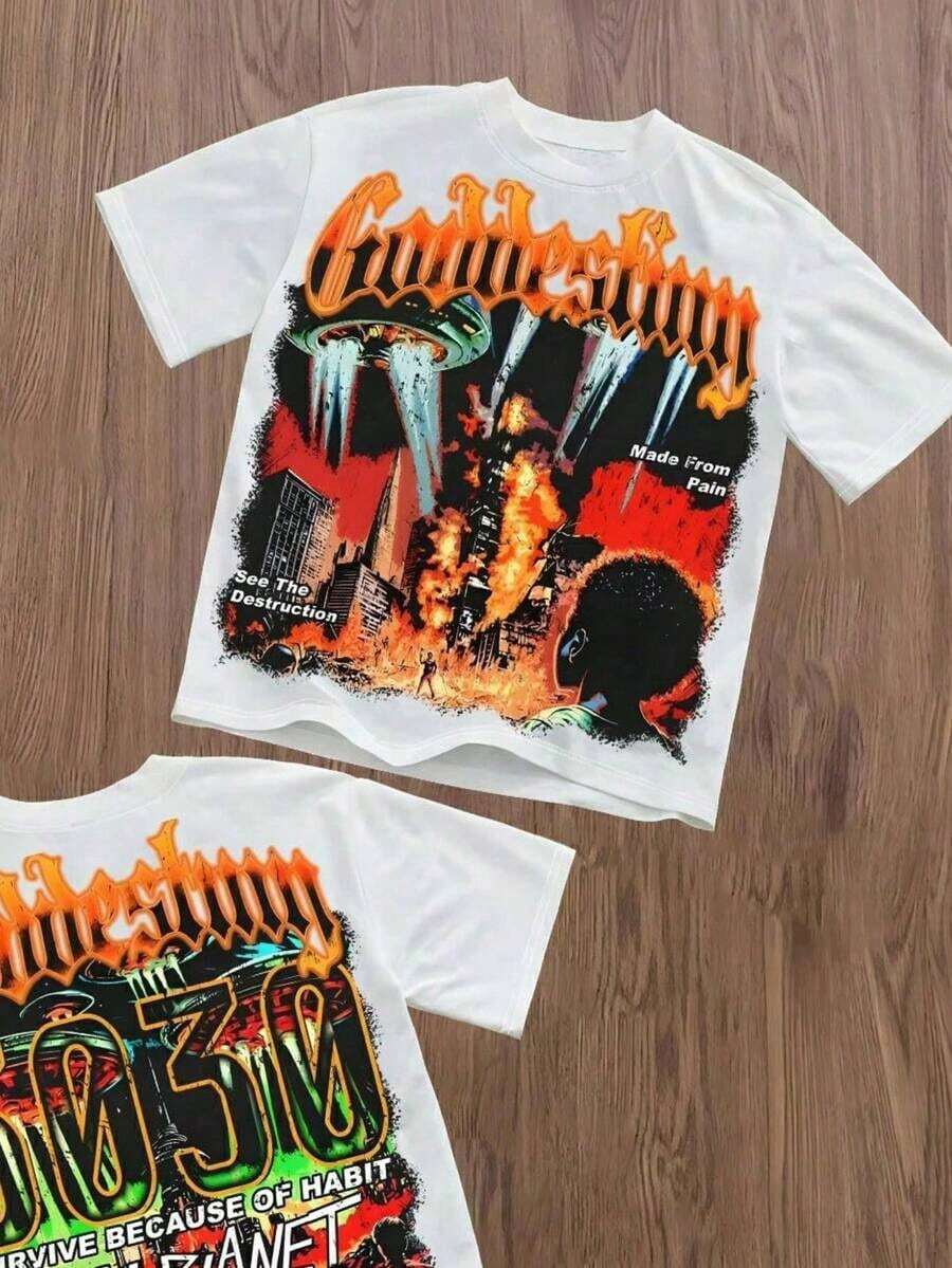 Apocalypse Sci-Fi Double-Sided Crisis&Disaster Print Oversize Short Sleeved Street Y2K Niche Style T-Shirt Top Print Y2K Crew Neck T Shirt For Women, Holiday, Vacation, Spring, Festivalsummer Clothes,Men Graphic Tees,Vintage T Shirts - 白色 - 查看 1
