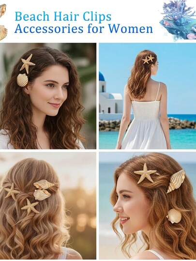 3 estilos de pinzas para el cabello con conchas marinas y estrellas de mar doradas, accesorios para el cabello de metal tipo playa, adecuados para vacaciones de verano, decoración para el cabello de mujeres y niñas en fiestas de playa, vacaciones y viajes