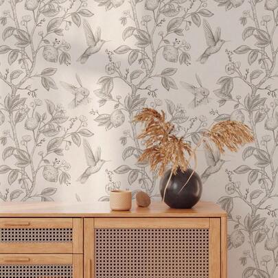 Decoración de pared autoadhesiva y removible con diseño minimalista y neutro de colibrí, papel tapiz de PVC con arte lineal botánico para dormitorio, apartamento de alquiler, 1,18/1,31/1,48 pies * 6,56/9,84/16,4 pies