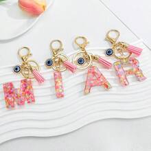 1个新款粉色26个英文字母钥匙扣，带邪眼流苏吊坠，可作钥匙链或包包挂饰 - 彩色 - 查看 2