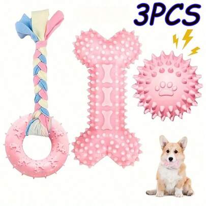 3pcs Puppy Teething Toys Set, Soft Rubber Teeth Cleaning Interactive Outdoor Pet Toys For Small Dogs, Durable Rope Bone Ball Chew Toys For Puppy