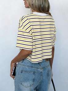 Camiseta de cuello redondo corta de mujer con rayas de colores, de tela de punto con elasticidad media, longitud regular, casual, ropa deportiva de mujer, primavera/verano blanca - Amarillo - Ver 6