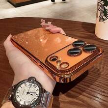 Luxury Sequin Electroplated PC Transparent Phone Case, Suitable For IPhone 17 Pro Max 16 15 14 13 12 11 Pro Max, Shockproof Hard Back Cover - Orange - View 1