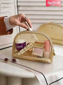 CPB Luminous Toiletry Bag, Mesh Makeup Bag, Transparent Grid, Exquisite & Portable, Large Capacity - Gold - View 2